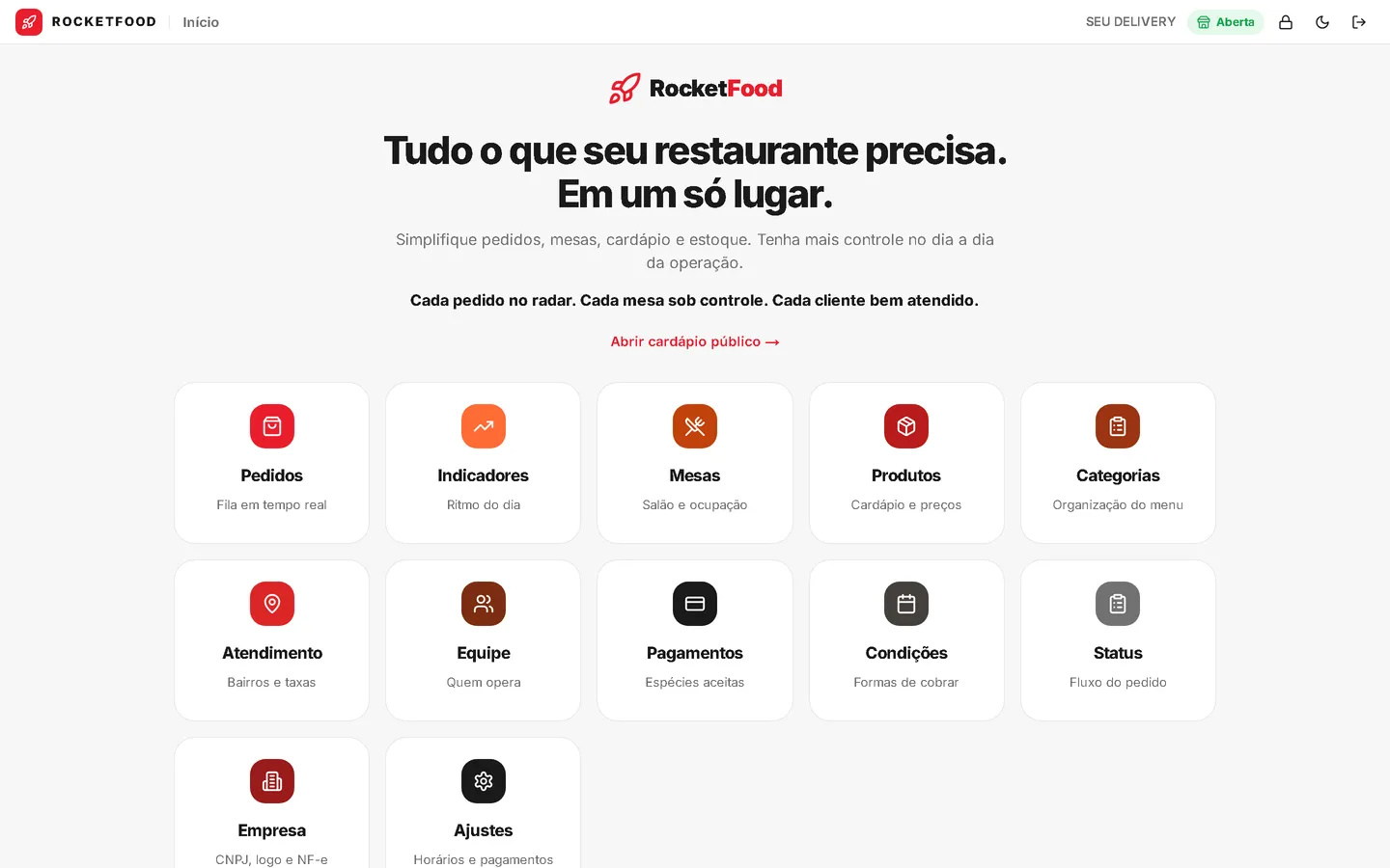 Menu inicial do painel FoodRocket no computador